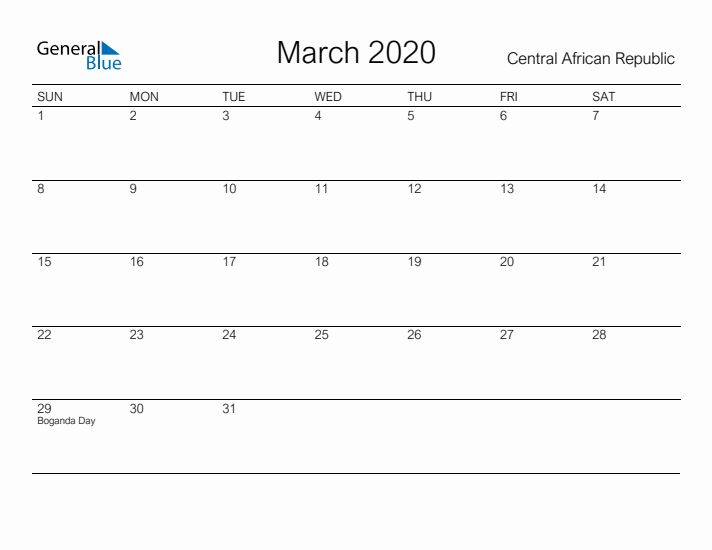 Printable March 2020 Calendar for Central African Republic