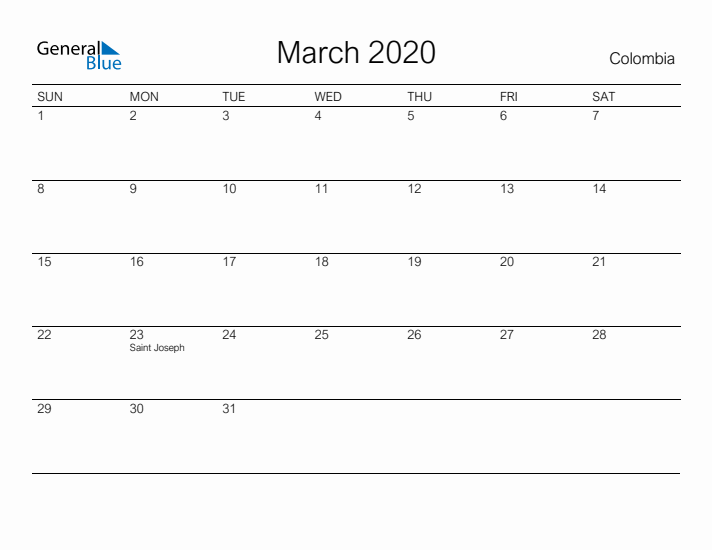 Printable March 2020 Calendar for Colombia