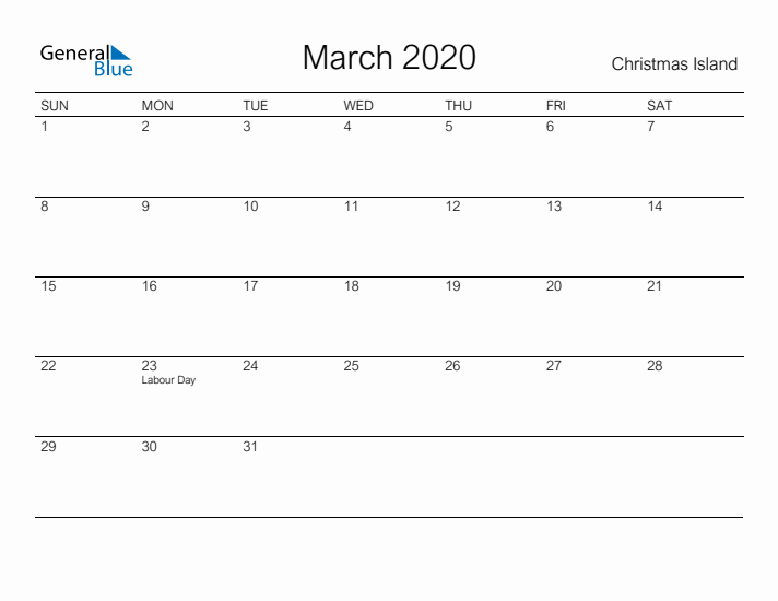 Printable March 2020 Calendar for Christmas Island