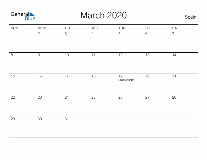 Printable March 2020 Calendar for Spain