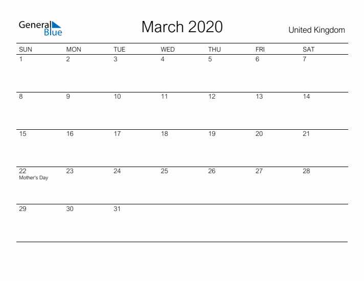 Printable March 2020 Calendar for United Kingdom