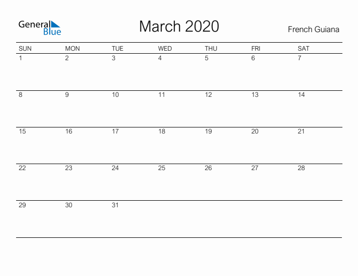Printable March 2020 Calendar for French Guiana