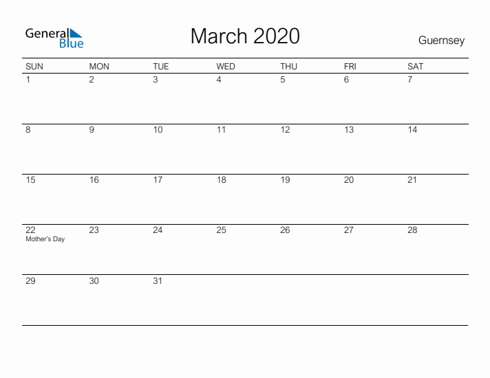 Printable March 2020 Calendar for Guernsey