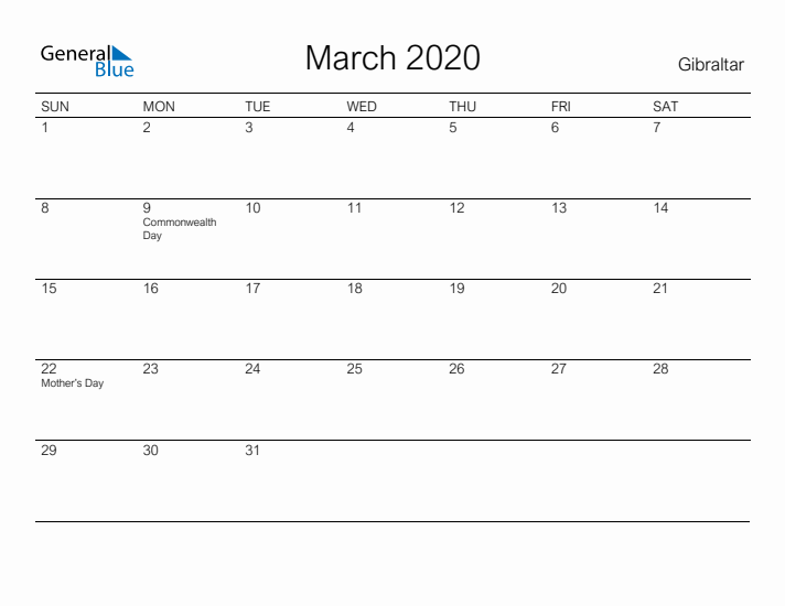 Printable March 2020 Calendar for Gibraltar