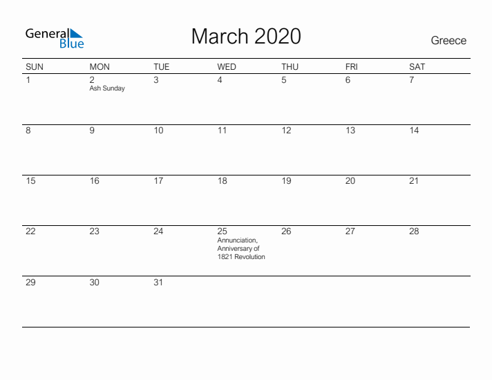 Printable March 2020 Calendar for Greece