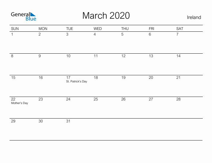 Printable March 2020 Calendar for Ireland
