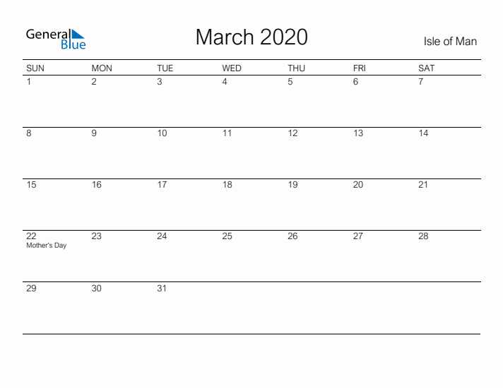 Printable March 2020 Calendar for Isle of Man