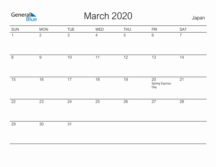 Printable March 2020 Calendar for Japan