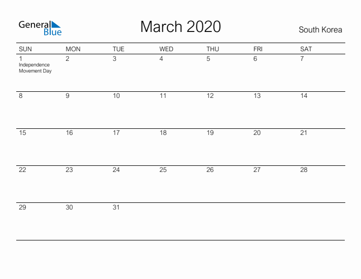 Printable March 2020 Calendar for South Korea