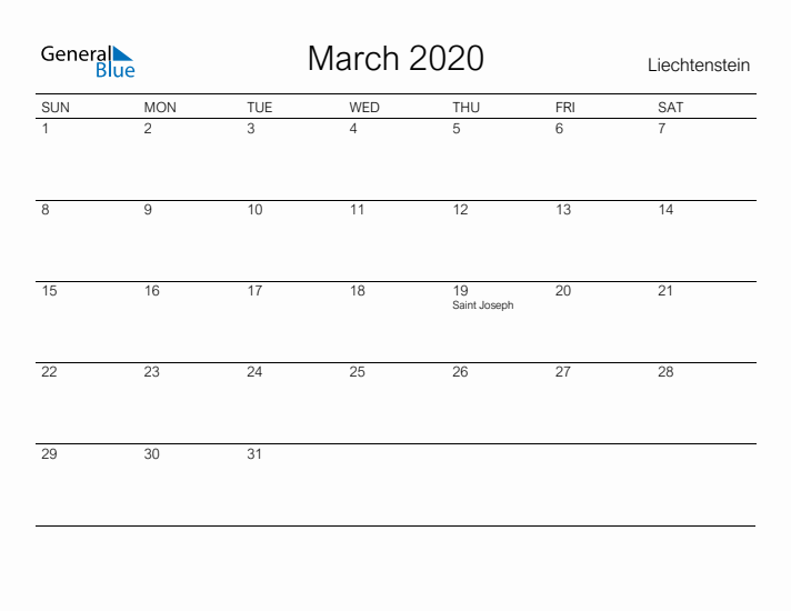 Printable March 2020 Calendar for Liechtenstein