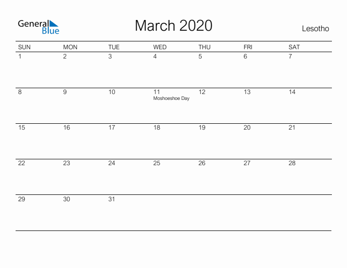 Printable March 2020 Calendar for Lesotho
