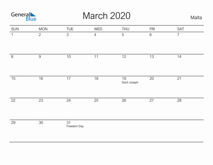 Printable March 2020 Calendar for Malta