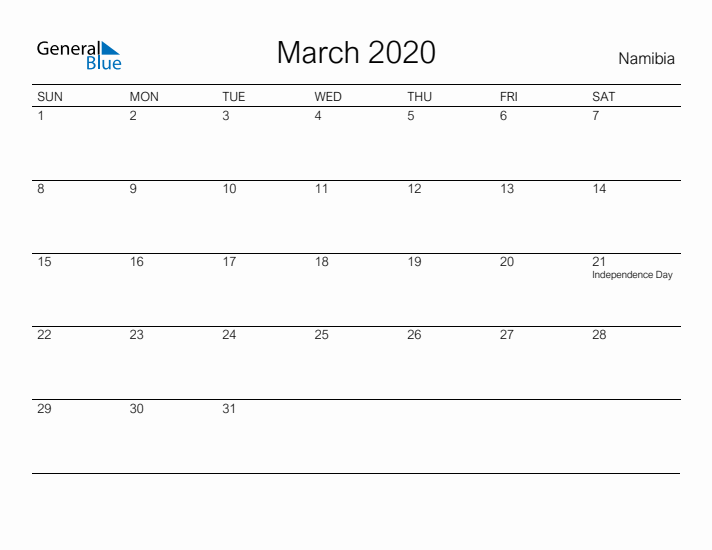 Printable March 2020 Calendar for Namibia