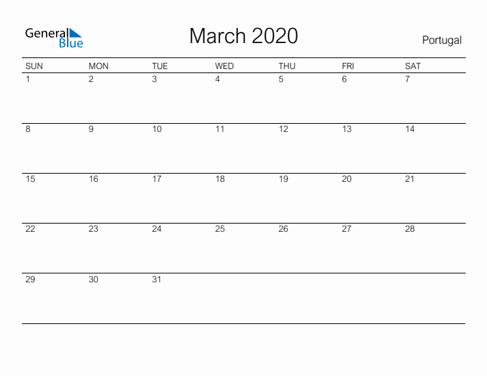 Printable March 2020 Calendar for Portugal