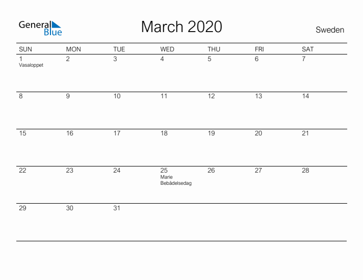 Printable March 2020 Calendar for Sweden