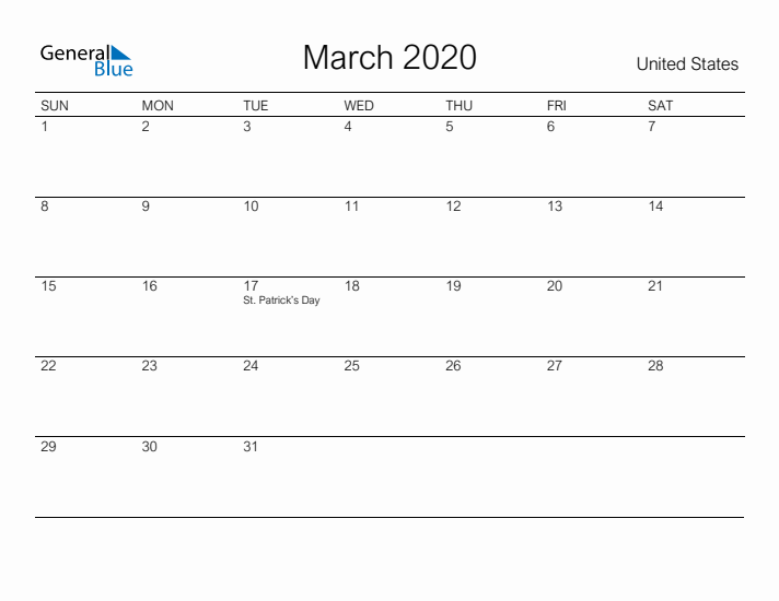 Printable March 2020 Calendar for United States