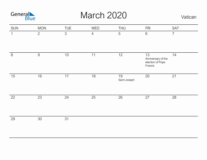 Printable March 2020 Calendar for Vatican