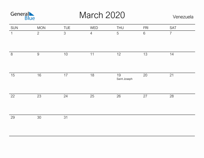 Printable March 2020 Calendar for Venezuela