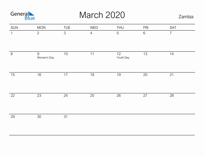 Printable March 2020 Calendar for Zambia