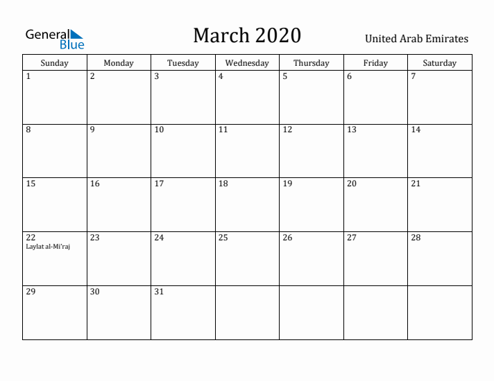 March 2020 Calendar United Arab Emirates