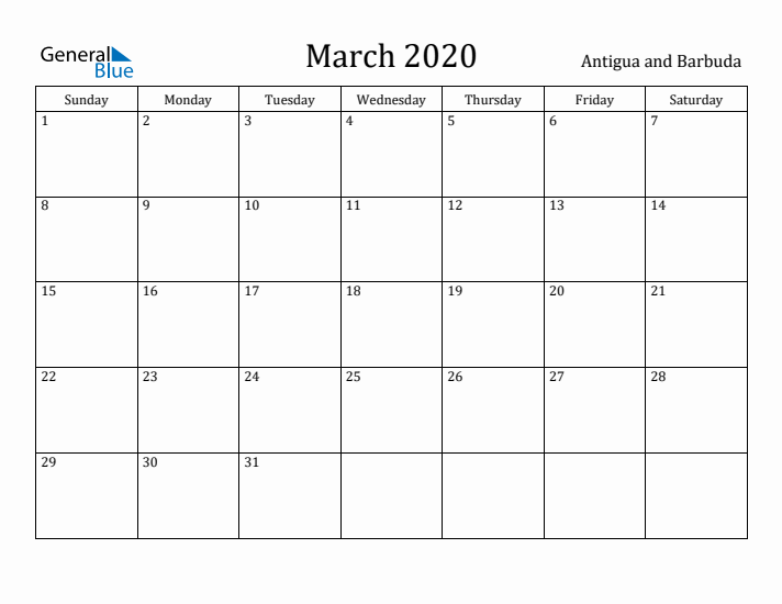March 2020 Calendar Antigua and Barbuda