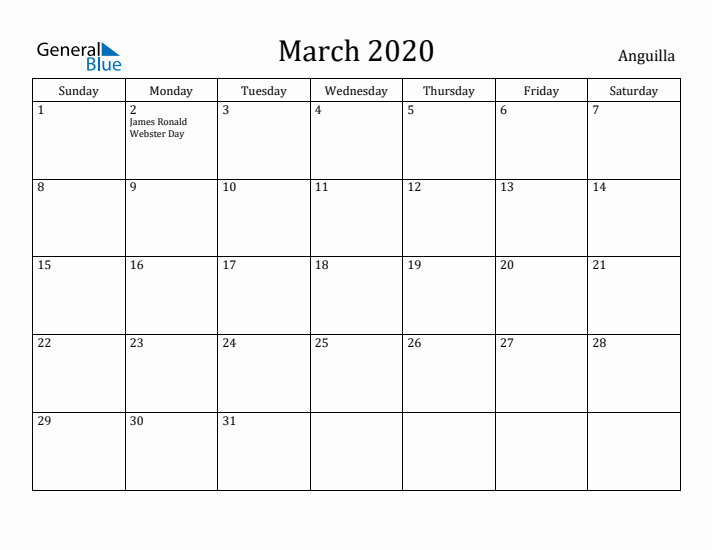 March 2020 Calendar Anguilla