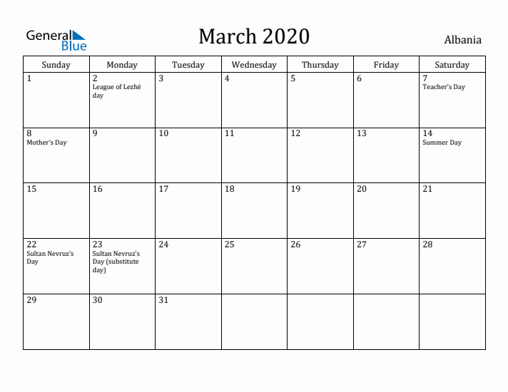 March 2020 Calendar Albania