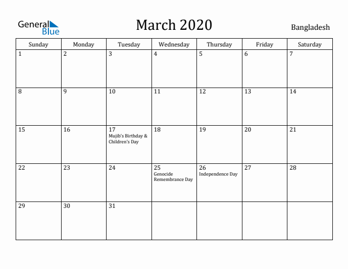 March 2020 Calendar Bangladesh
