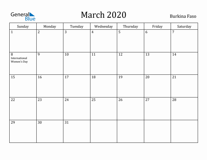 March 2020 Calendar Burkina Faso