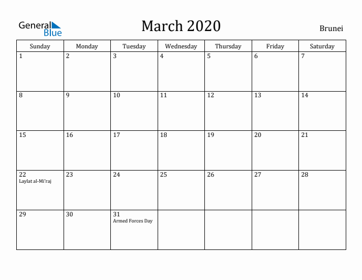 March 2020 Calendar Brunei