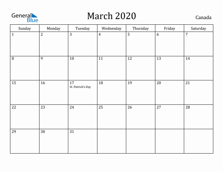 March 2020 Calendar Canada