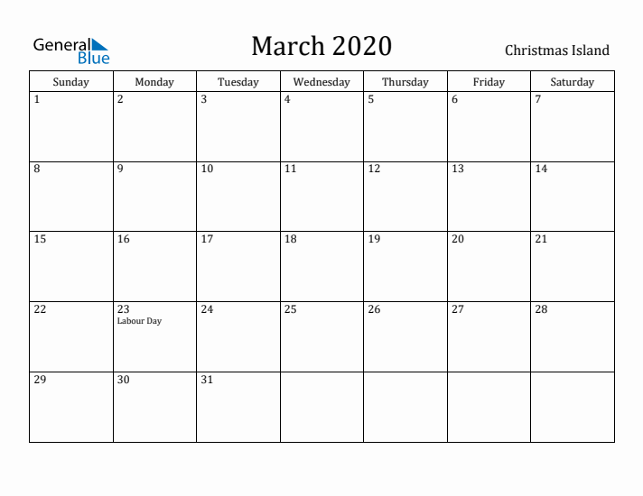 March 2020 Calendar Christmas Island