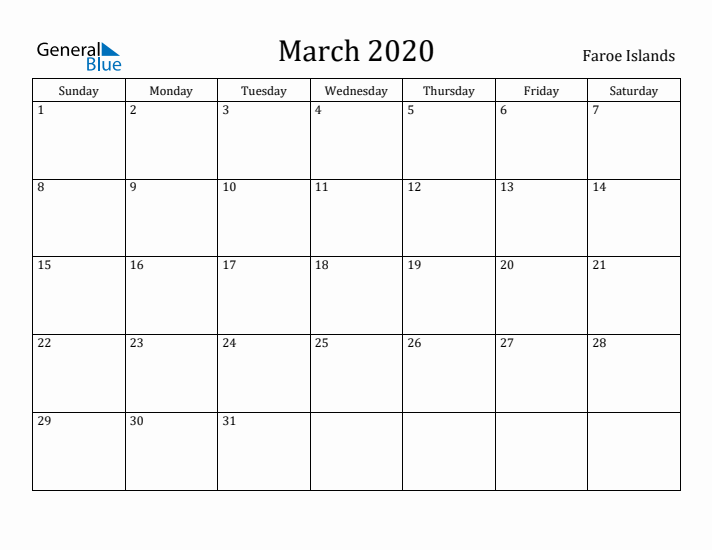 March 2020 Calendar Faroe Islands