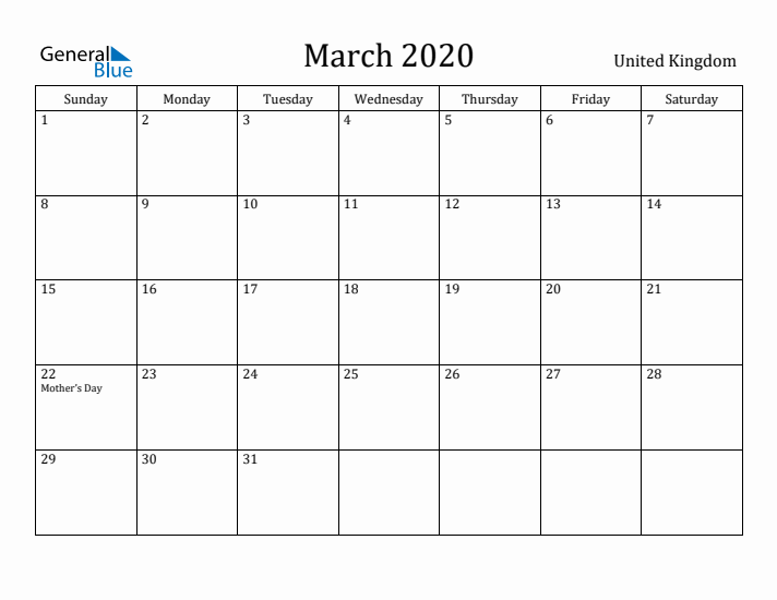March 2020 Calendar United Kingdom