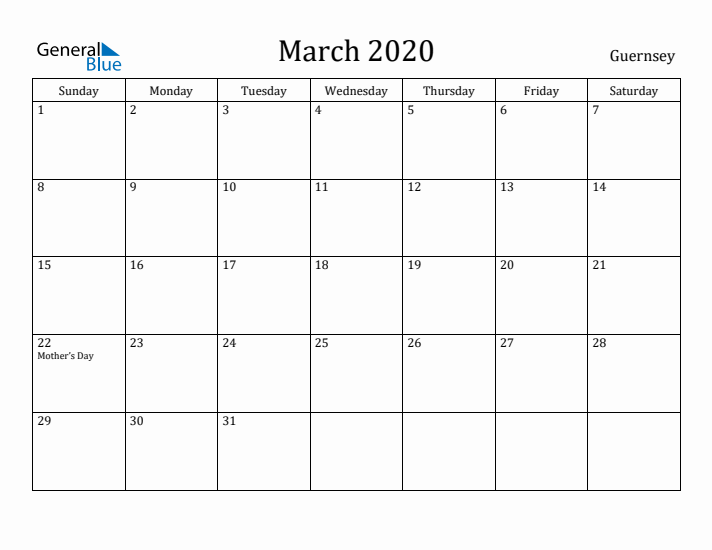 March 2020 Calendar Guernsey