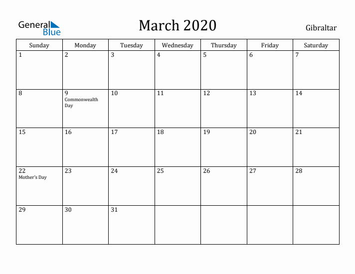 March 2020 Calendar Gibraltar