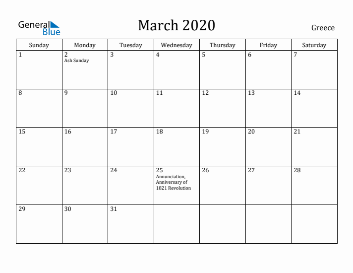 March 2020 Calendar Greece