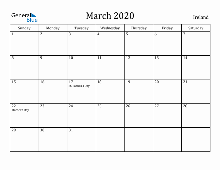 March 2020 Calendar Ireland