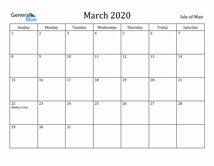 March 2020 Calendar Isle of Man