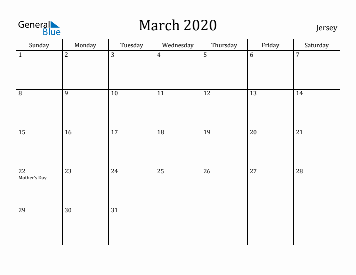 March 2020 Calendar Jersey