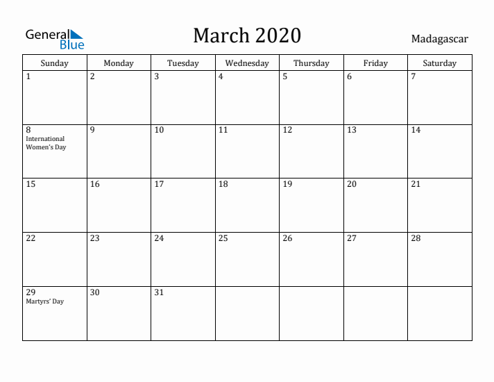 March 2020 Calendar Madagascar