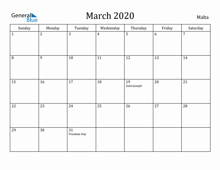 March 2020 Calendar Malta