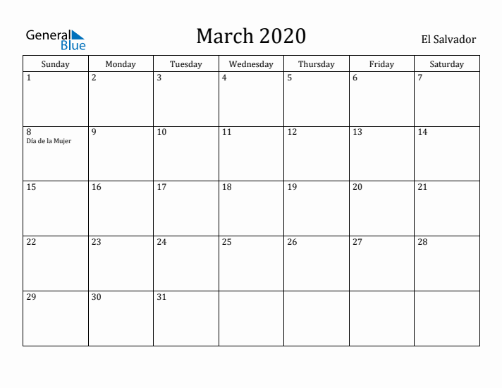 March 2020 Calendar El Salvador