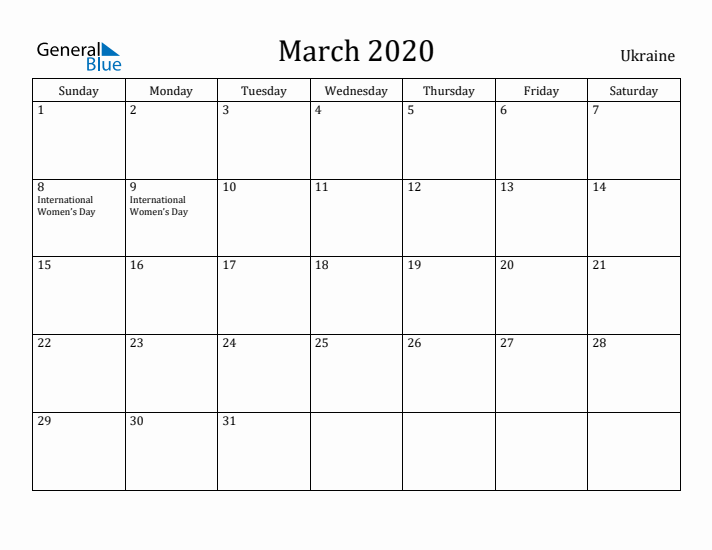 March 2020 Calendar Ukraine