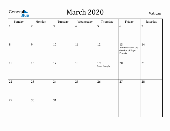 March 2020 Calendar Vatican
