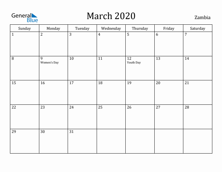 March 2020 Calendar Zambia