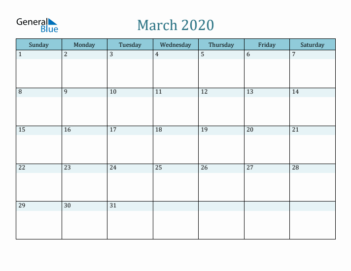 March 2020 Printable Calendar