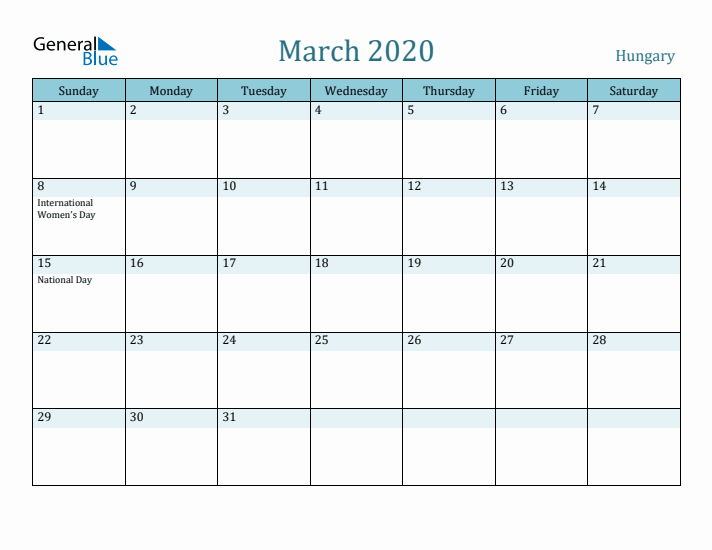 March 2020 Calendar with Holidays