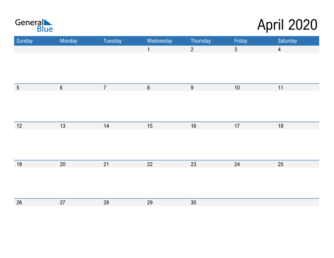 Fillable Calendar for April 2020