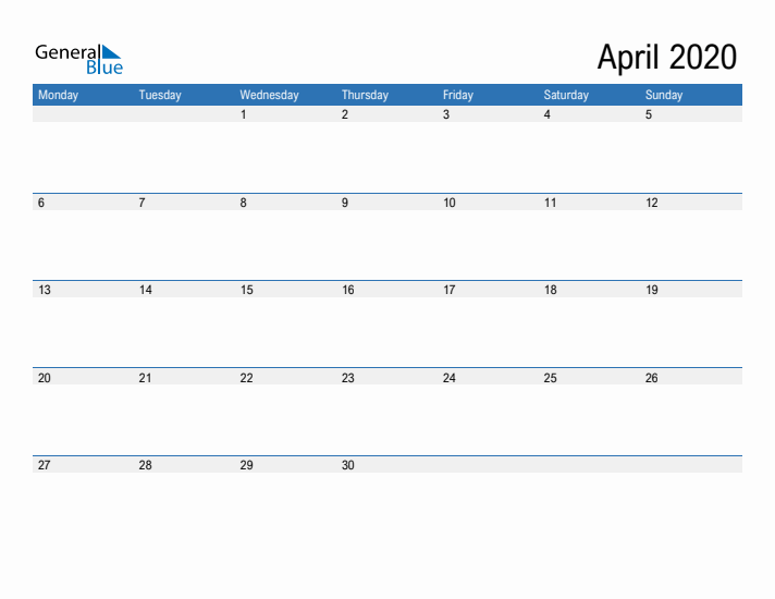 Fillable Calendar for April 2020
